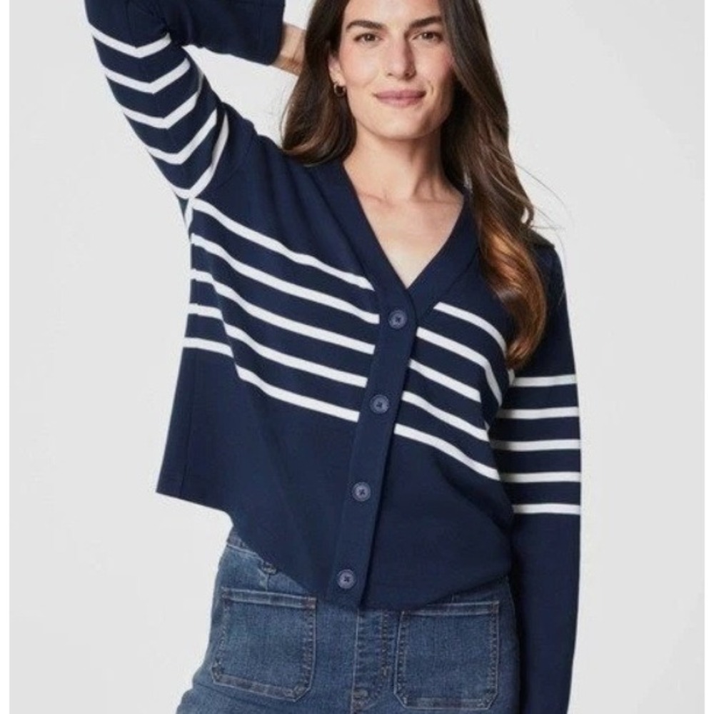 Spanx Striped Navy Blue White Boxy V-Neck Cardigan‎ 3X Coastal Cozy Soft Layer